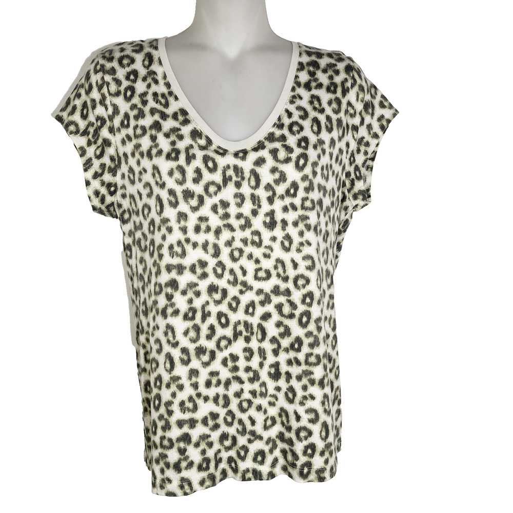 Banana Republic Women Leopard Print Top Petite Large Short Sleeve V Mesh Neck